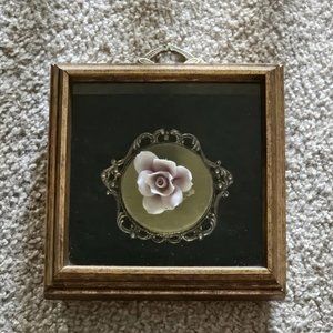 RARE SUNGOTT ART STUDIOS PORCELAIN ROSE FLOWER HAND ENAMELED 3D FRAMED PICTURE